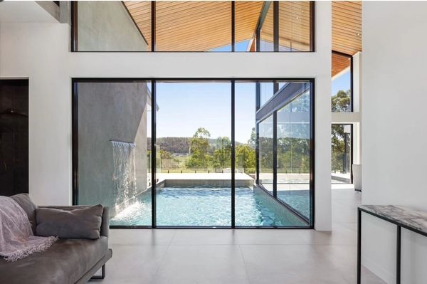 pool, waterfall, windows