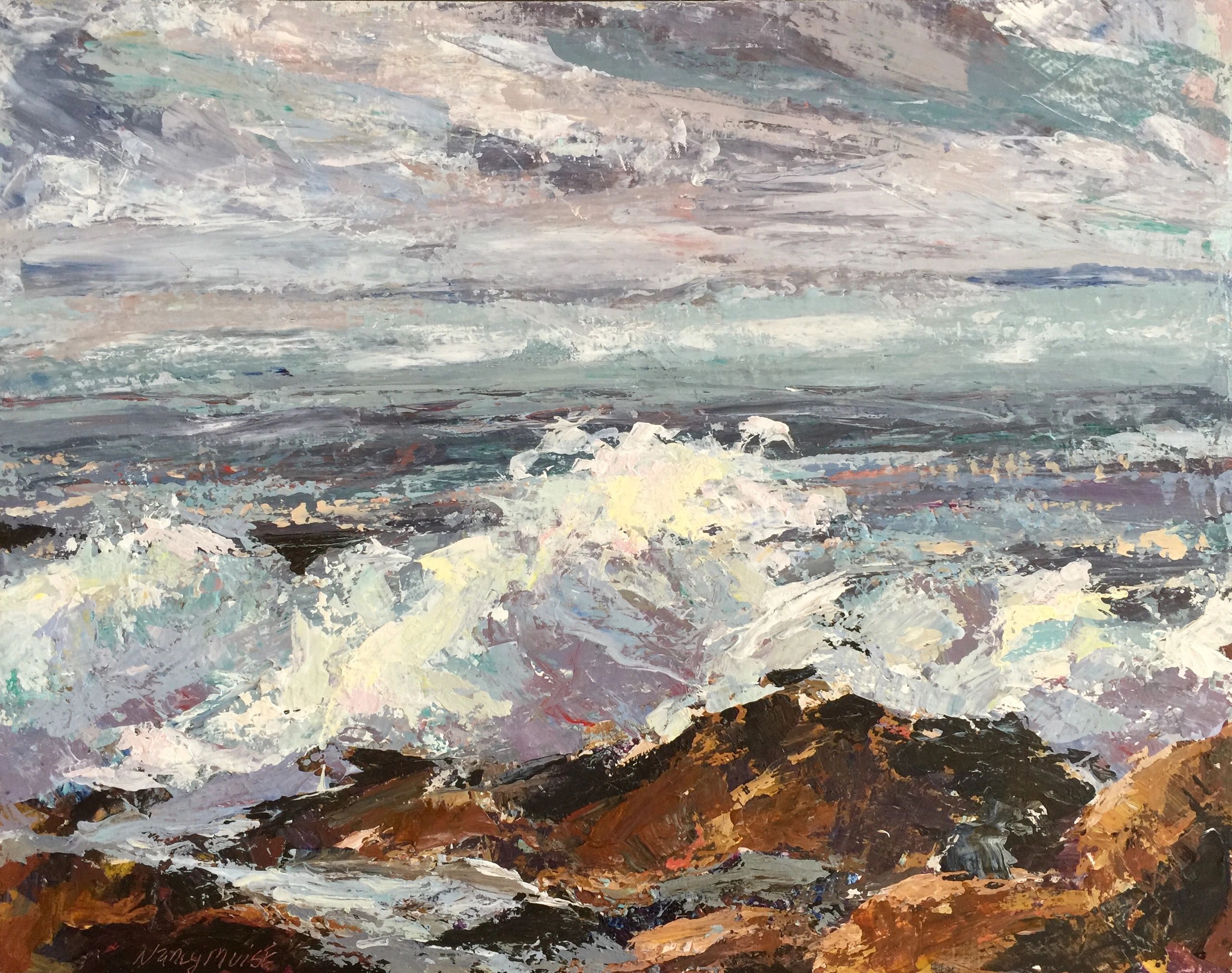 A loosely painted seascape during a storm, emphasizing a large wave,  Rockport, Massachusetts.