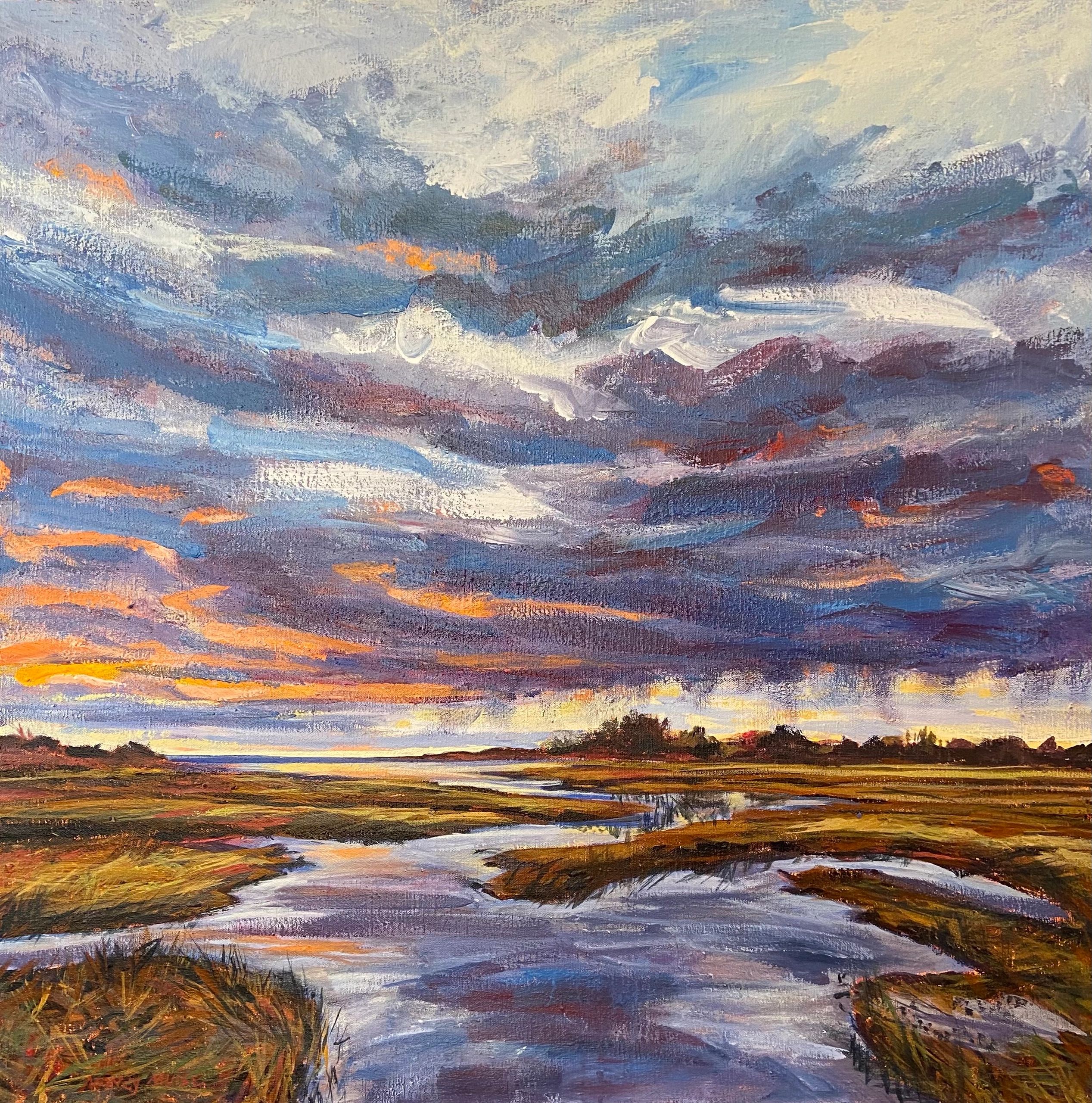 A oil painting of a salt marsh at sunset with an incoming rainstorm.