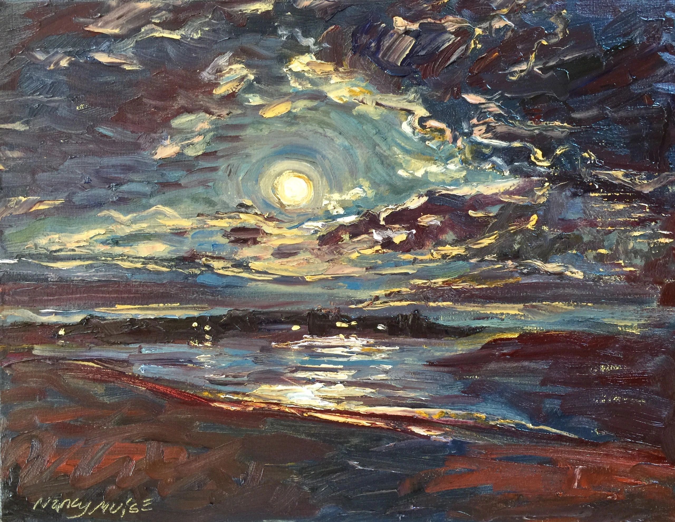 Oil painting of a bay at night with the full moon shinning over the water.