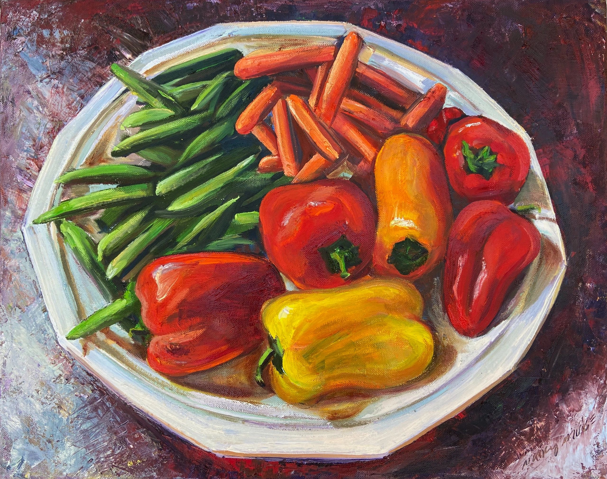 An oil painting of colorful vegetables on a plate.