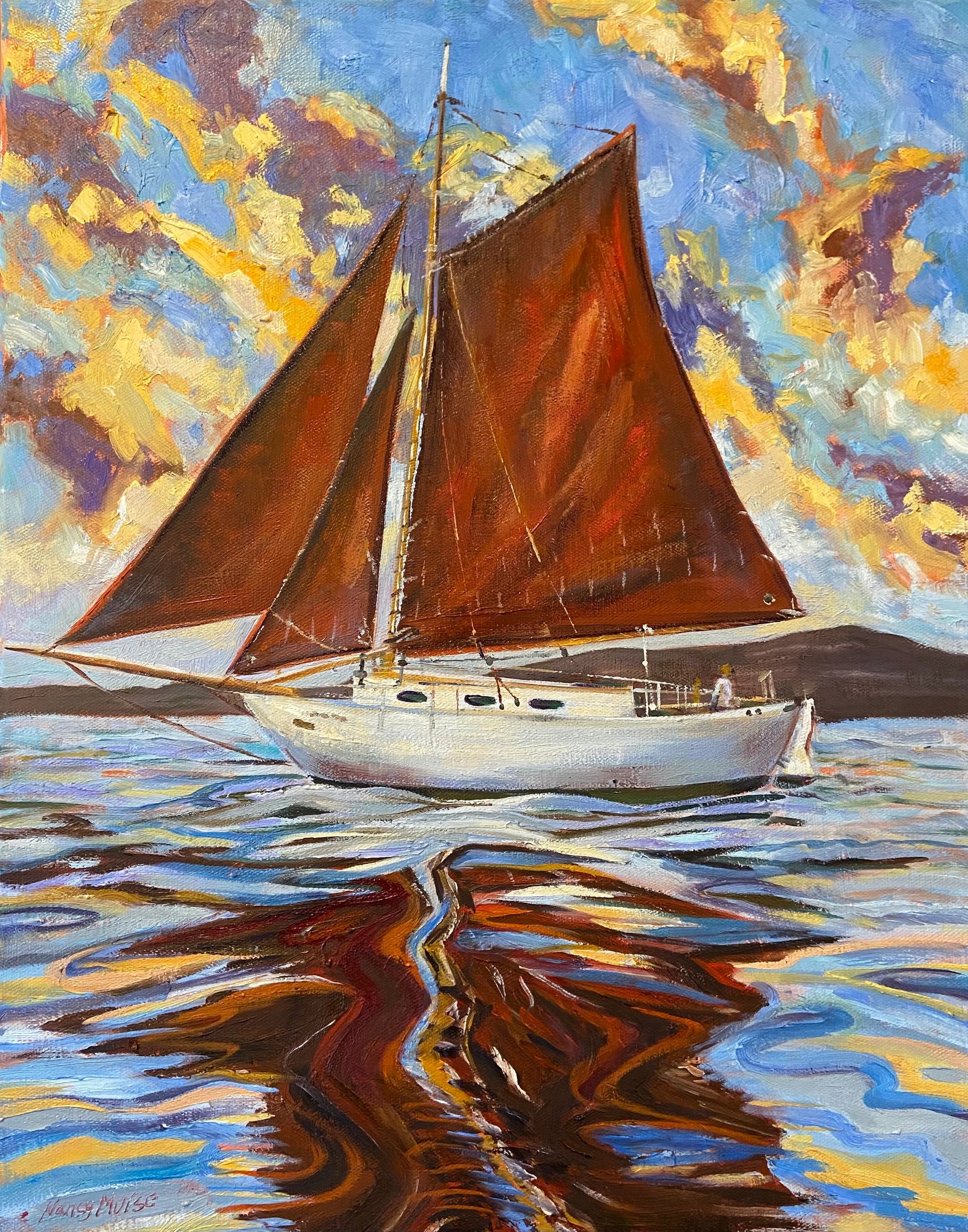 Painting of Gaff-rigged sailboat with red sails.