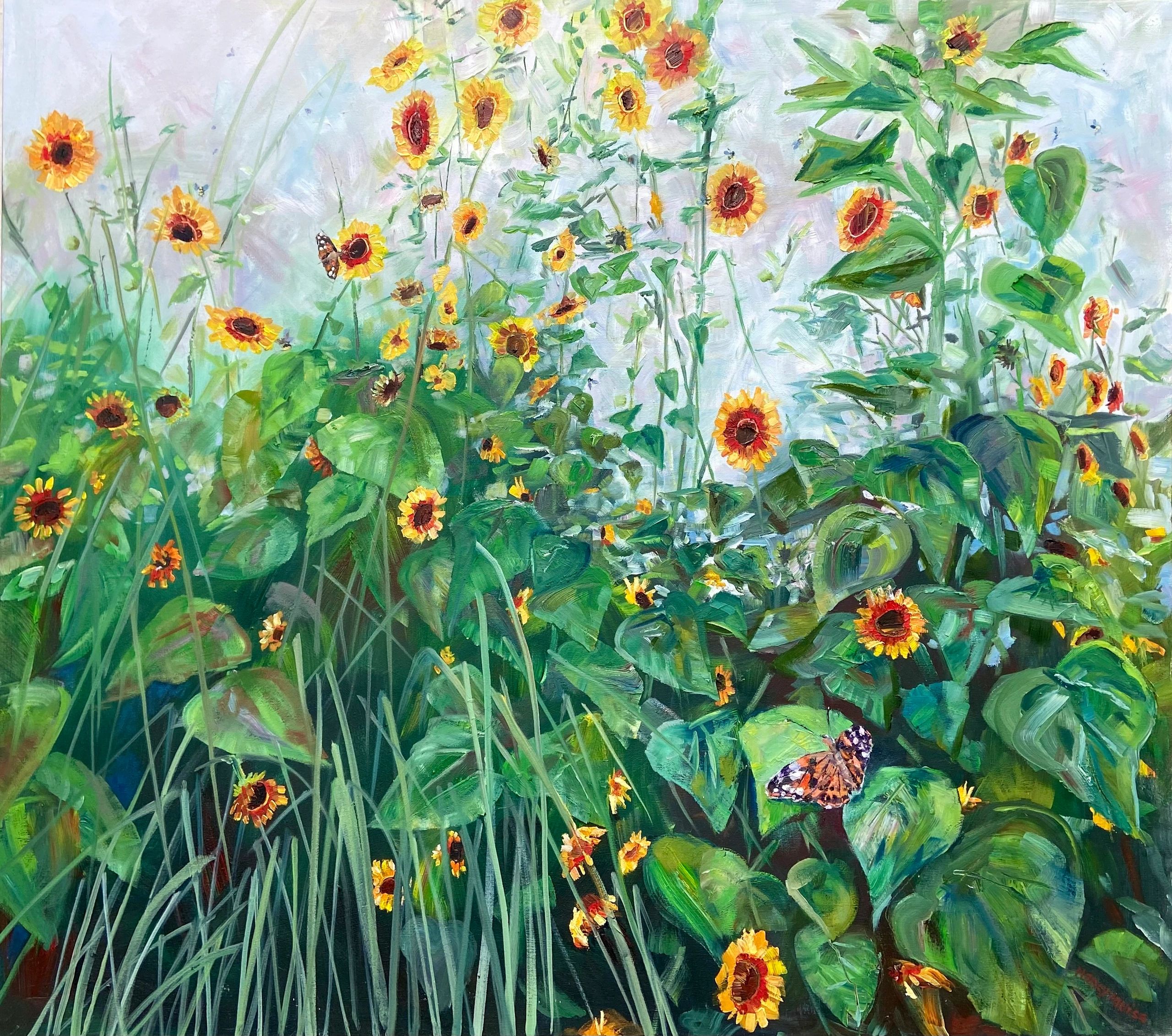 An oil painting of a garden scene of sunflowers, butterfly’s bees and grasses.