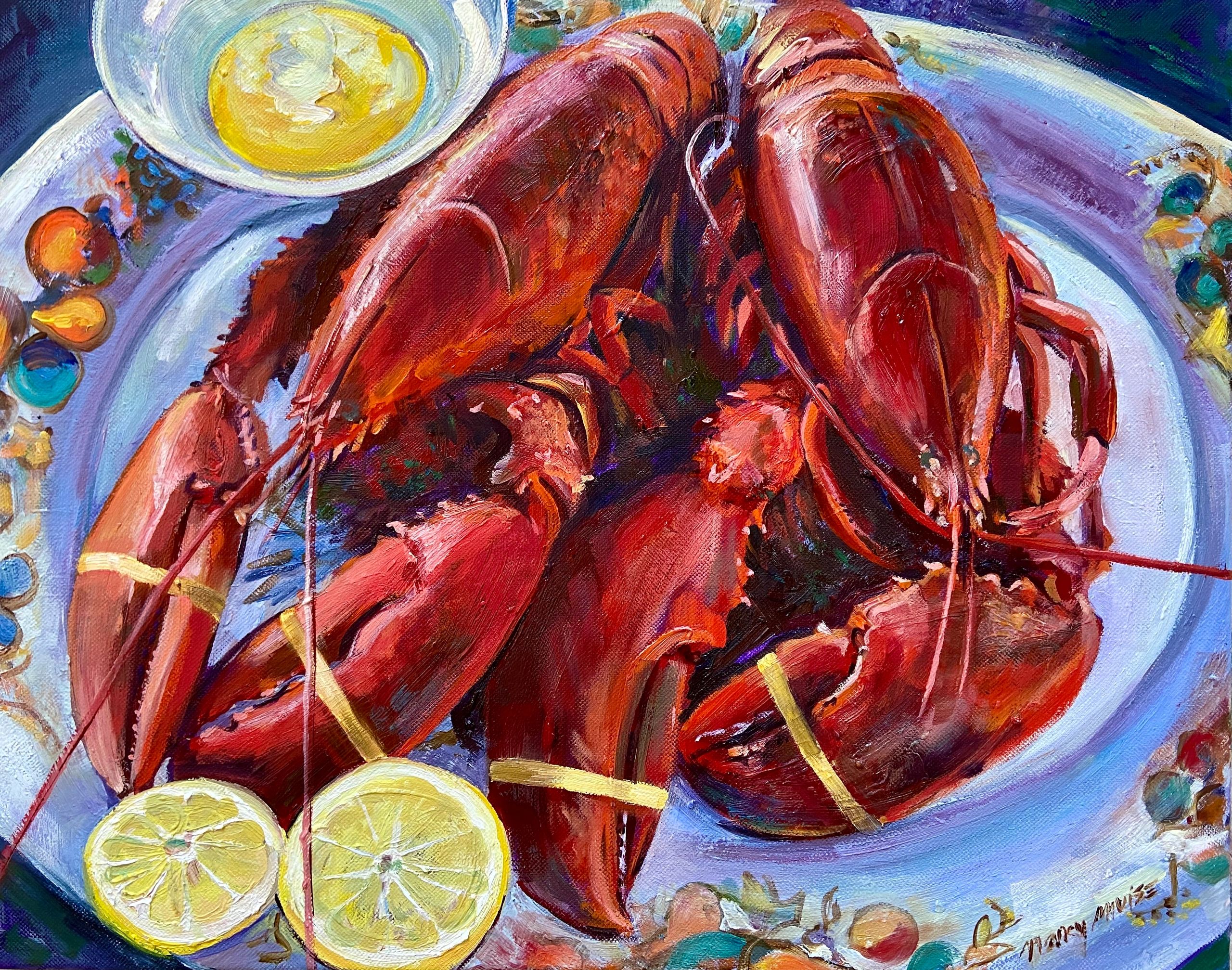 Oil Painting of two lobsters on a decorative platter with lemon and melted butter.