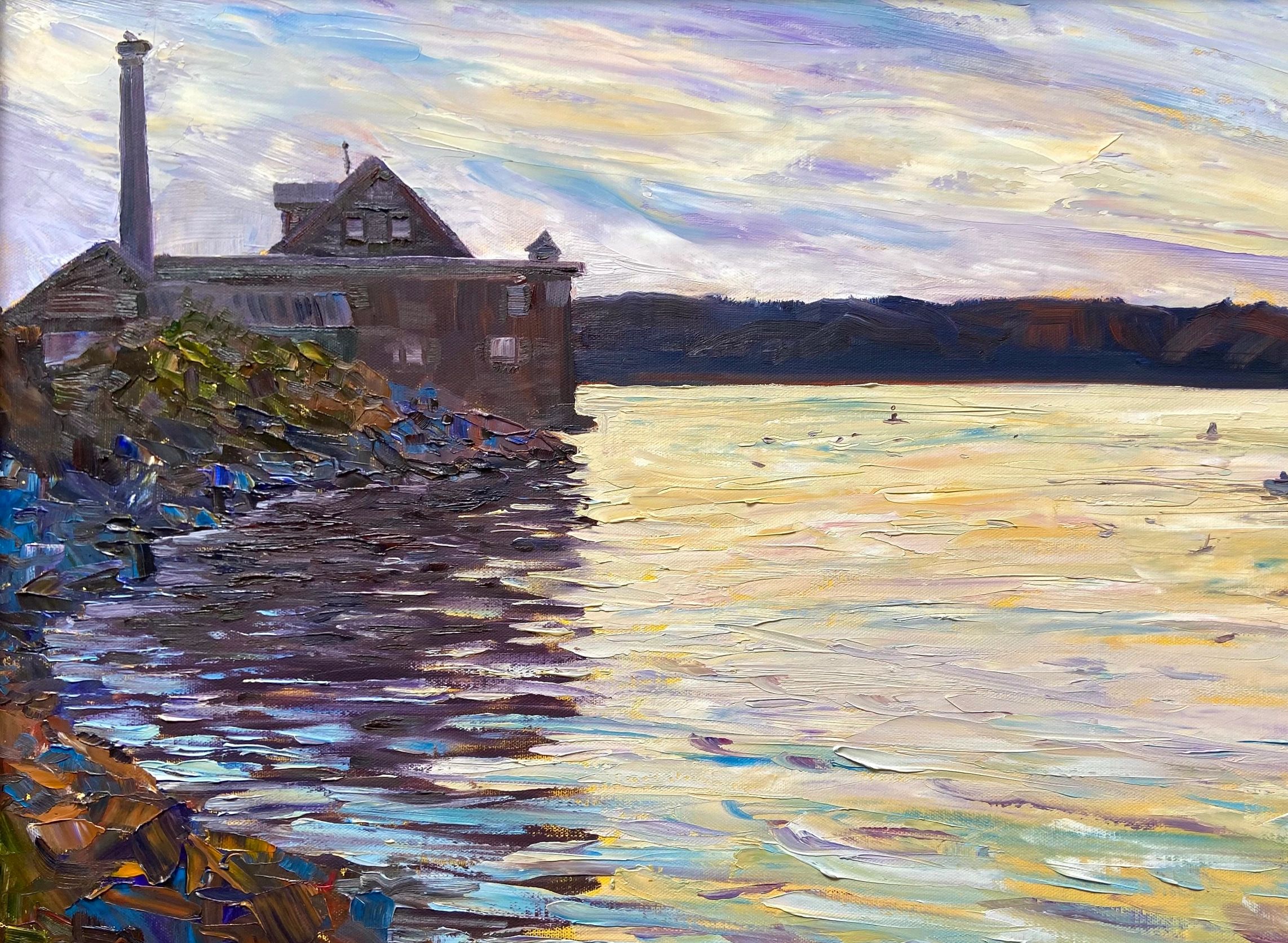 An oil painting of the Paint factory at sunset.  It shows a colorful shore line with a few boats in