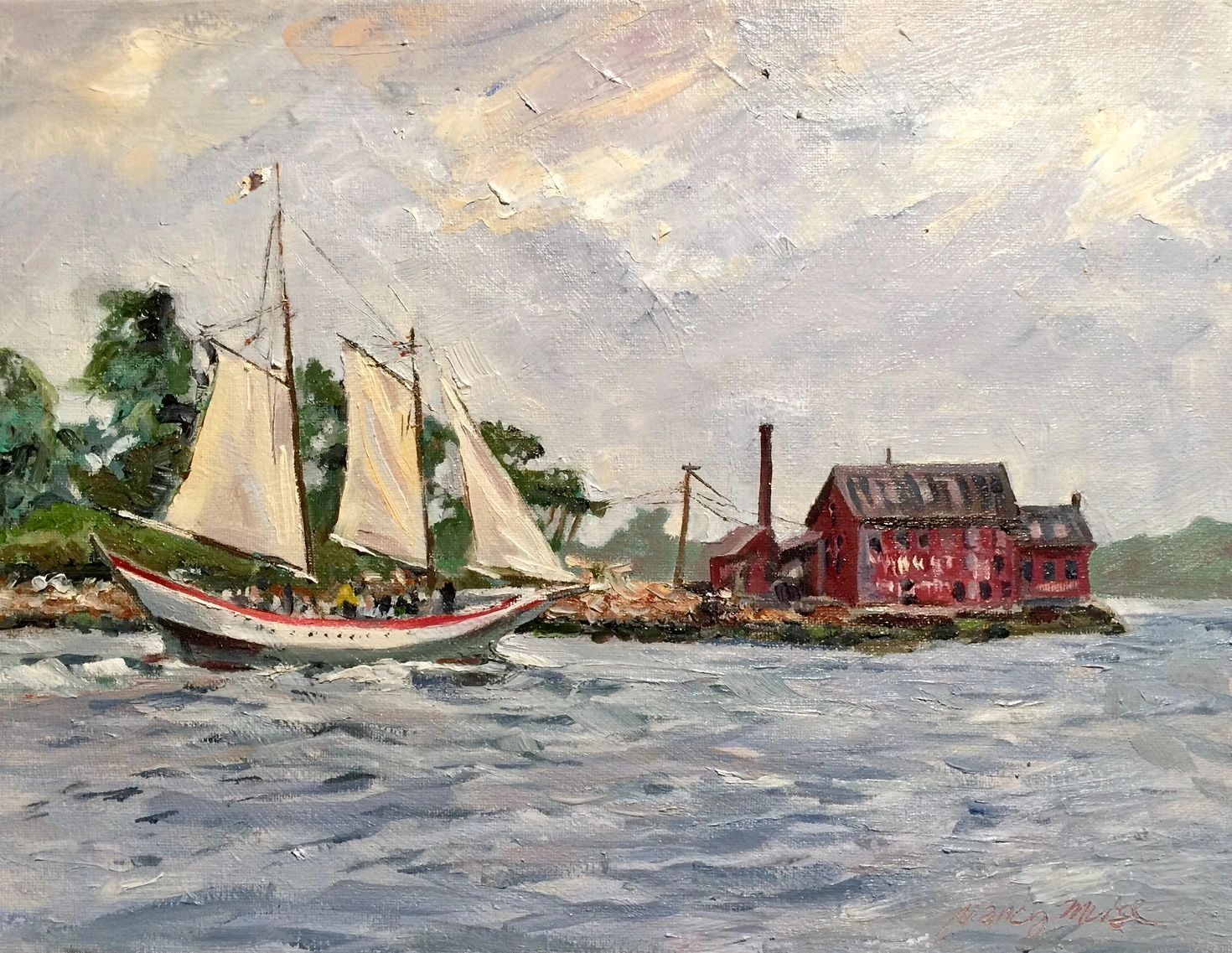 An oil painting of the Paint Factory and the Schooner Ardell sailing.  Gloucester, Massachusetts.