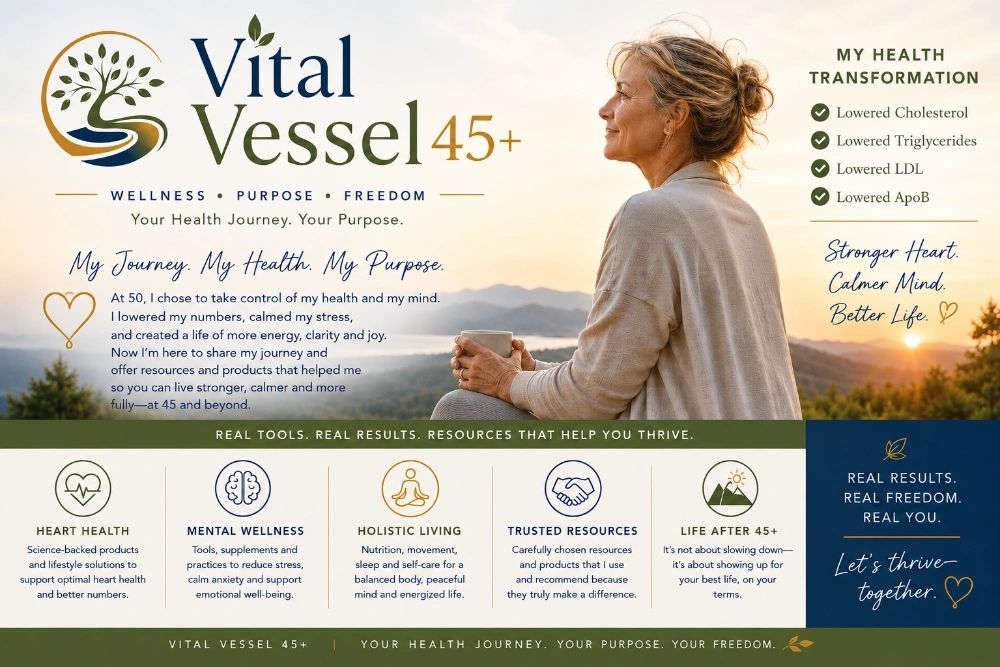 Vital Vessel 45+ promotes health, wellness, and purpose for those over 45, focusing on heart health, mental wellness, and holistic living.