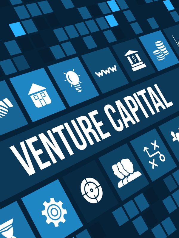 blue themed financial icons with the words Venture Capital typed in all caps in the middle