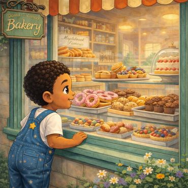 A child excitedly looks at colorful pastries in a bakery window.