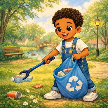 A cheerful child picks up trash in a park for recycling.