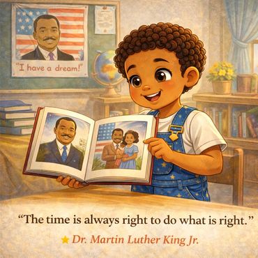 A child holds a book about Dr. Martin Luther King Jr. with his quote about doing what's right.