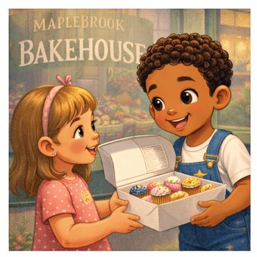 Two children happily share a box of colorful cupcakes outside a bakehouse.