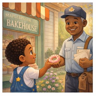 A child offers a donut to a smiling mailman outside a bakehouse.