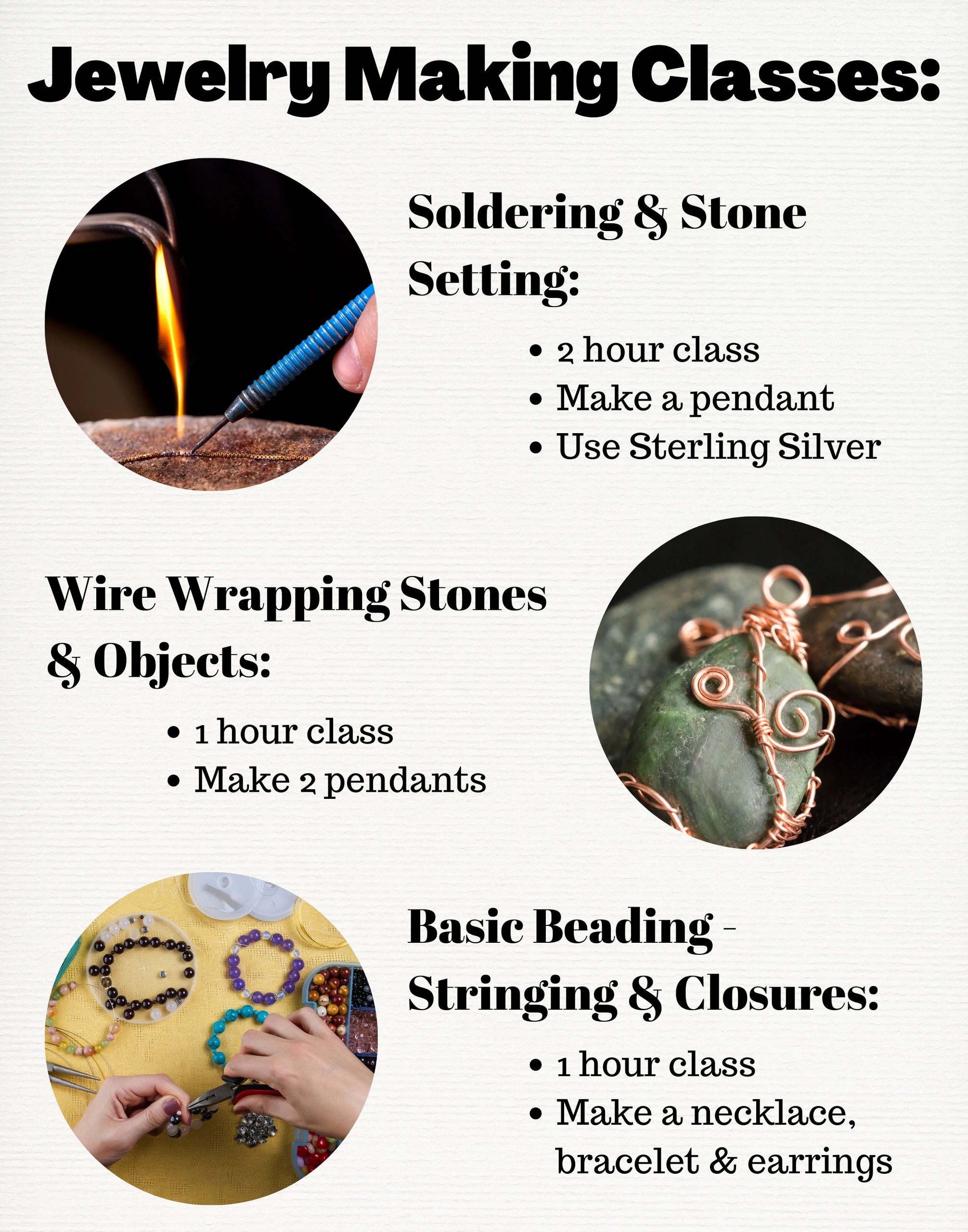 Jewelry making class image for soldering class, wire wrapping class, and beading class with pictures