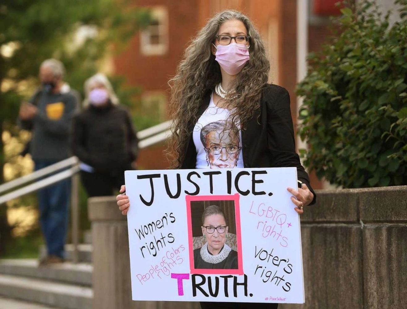 Shira Tarantino honors late Supreme Court Justice Ruth Bader Ginsburg in Stamford on Sept 20, 2020