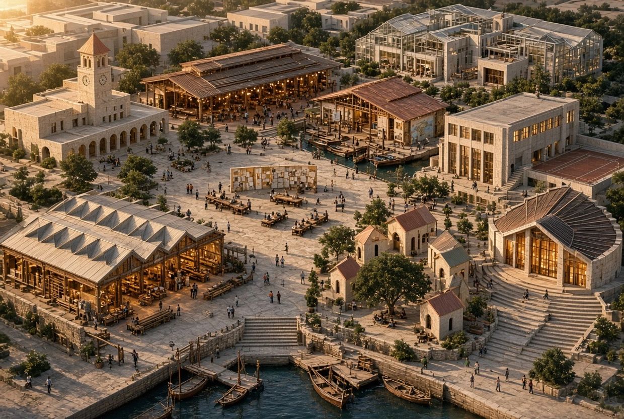 A detailed miniature model of a historic village scene with buildings, docks, and people.