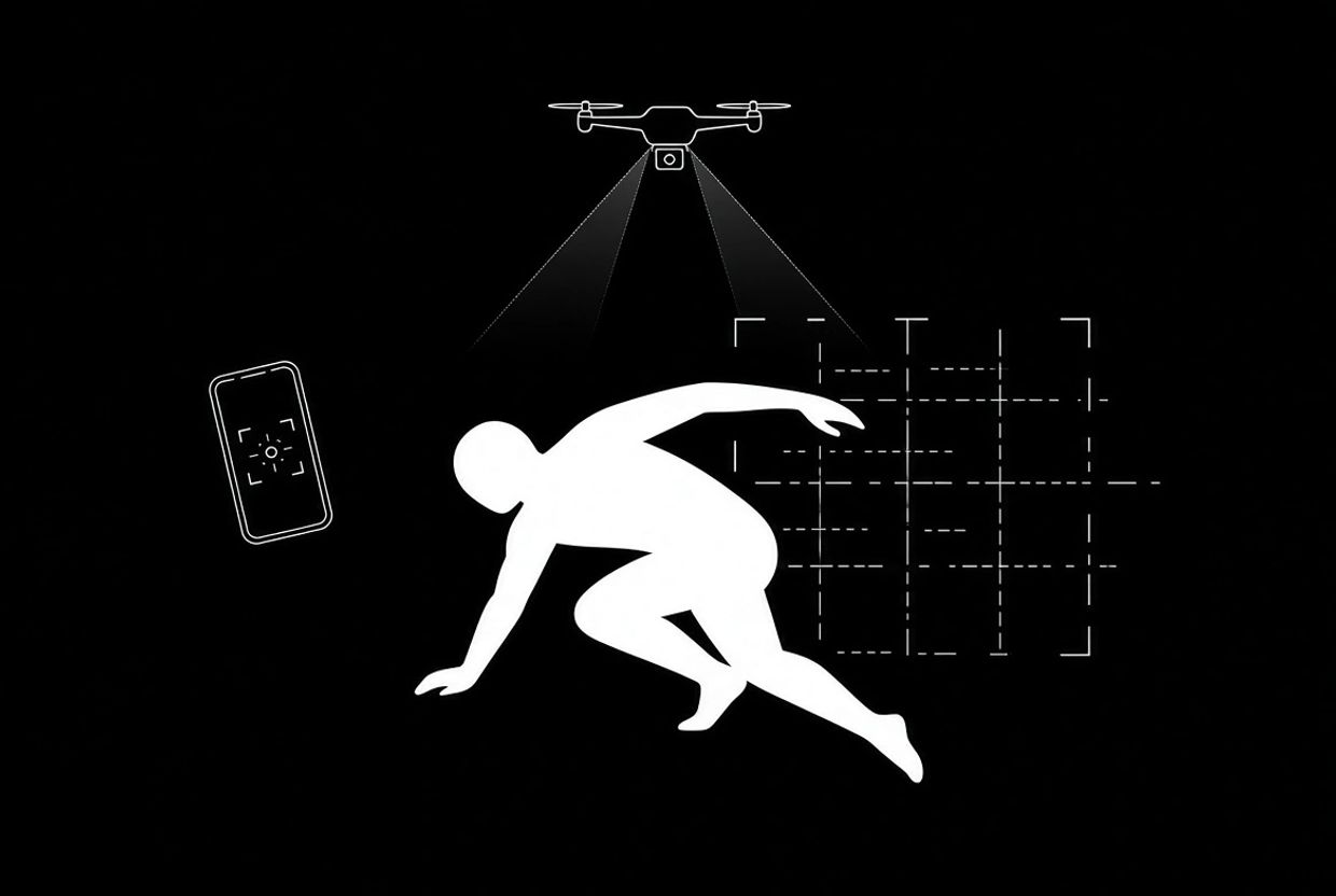 Silhouette of person tracked by drone with mobile phone.