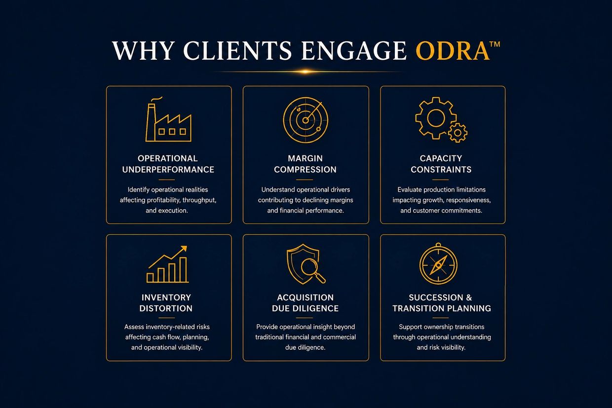 Infographic showing six reasons why clients engage ODRA, highlighting operational and financial challenges.