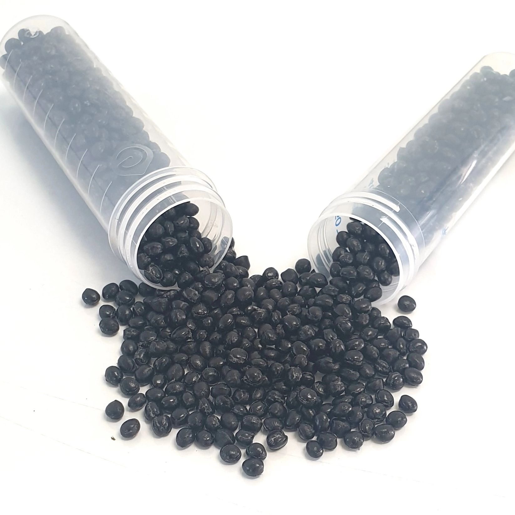 Recycled plastic pellets. CircuLab recycled polymer. Black recycled polypropylene. Circular plastic