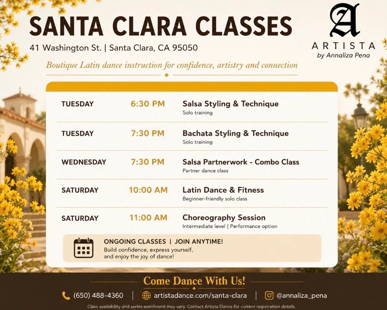 Artista Dance Santa Clara weekly class schedule featuring Salsa, Bachata, Latin Dance & Fitness, partnerwork and choreography classes.