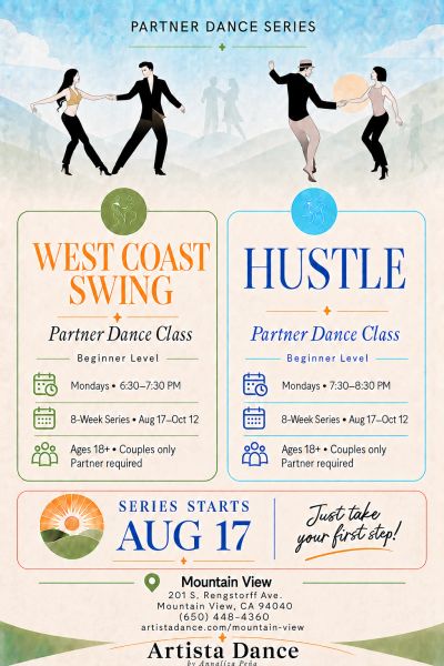 Artista Dance Mountain View flyer for an eight-week beginner West Coast Swing and Hustle partner dance series starting August 17. Monday classes at 6:30 and 7:30 PM; couples only and partner required.