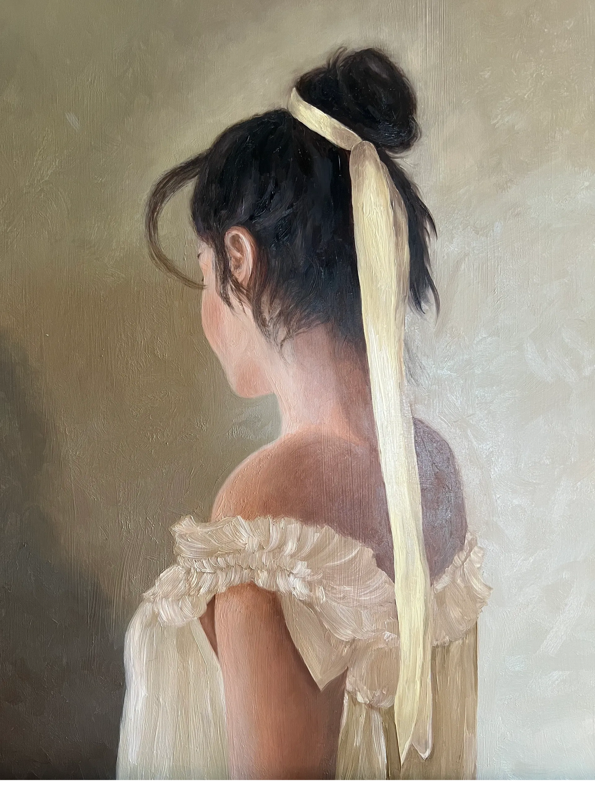Painting of a woman with a ribbon in her hair viewed from behind.