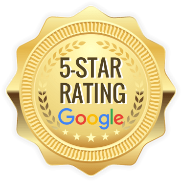 Gold badge with 5-star Google rating text.