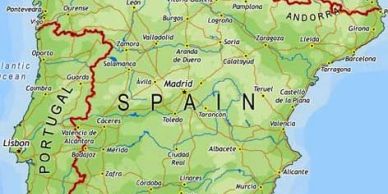 Map showing Spain and Portugal with major cities and borders.