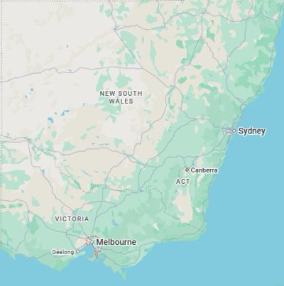 Map showing southeastern Australia including New South Wales and Victoria.