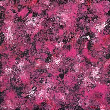 An abstract painting of deep pinks and bright white splotches across a black background.