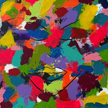 An abstract painting with strokes of bold color and a partial outline of a calm woman, eyes closed.