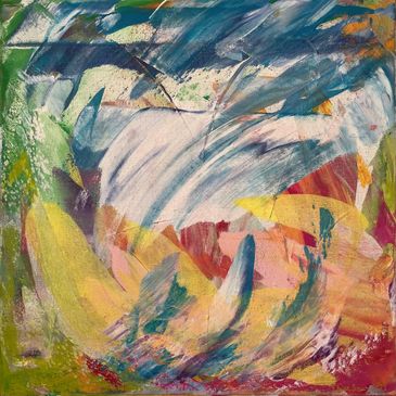 A colorful abstract acrylic painting with swishes of blue, white, yellow, green, red, etc.