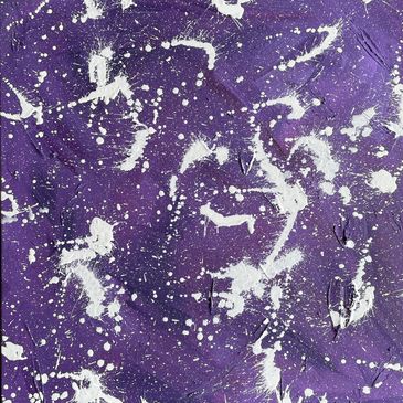 An abstract acrylic painting of lush purple hues with bright white sprays of color streaking across.