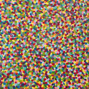 An abstract painting; small colorful dots of red, blue, green, yellow, etc covering entire canvas.