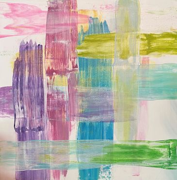An abstract painting; white background with sloppy criss-crosses of blues, purples, pinks and green.