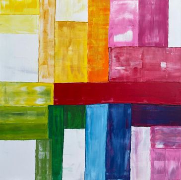 An acrylic painting with thick rectangles of bright colors pulled and woven among each other.