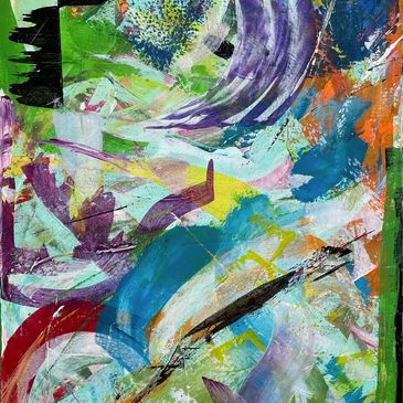 An abstract painting; swishes and pulls of all colors covering the full canvas, with no empty space.