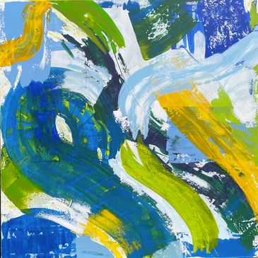 An abstract painting of blues, greens and yellows swished and pulled across a white background.