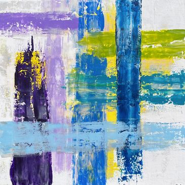 An abstract painting; white background with sloppy criss-crosses of blue, purple, green and yellow.