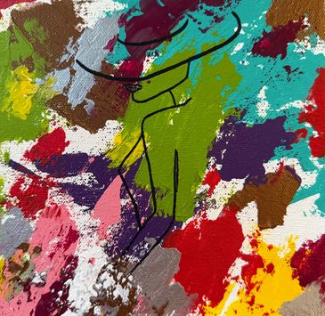 An abstract painting; partial outline of woman in a wide brim hat on messy splotches of bold colors.