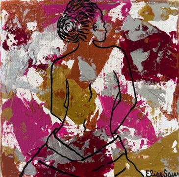 An abstract painting; outline of woman with a towel on magenta, silver and other metallics.
