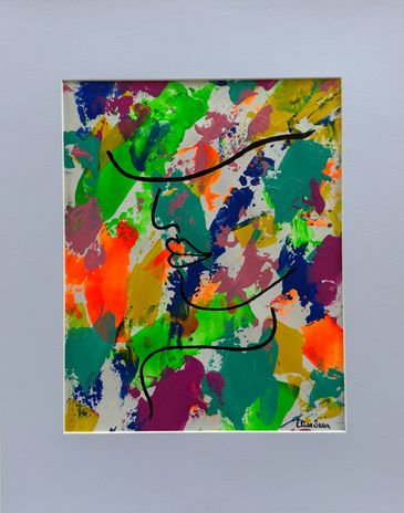Matted acrylic abstract on paper; partial outline of lady's profile on colorful background.