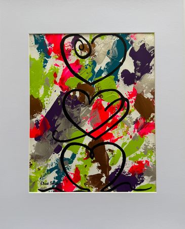 Matted acrylic abstract on paper; outline of three hearts vertically stacked on colorful background.