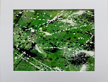 An abstract acrylic painting of lush green hues with black & white sprays of color streaking across.