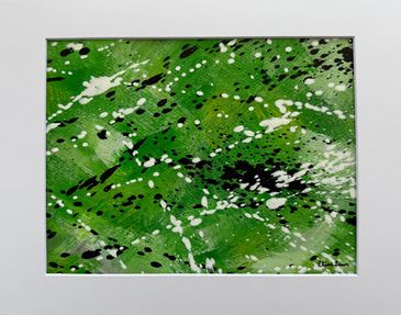 An abstract acrylic painting of lush green hues with black & white sprays of color streaking across.