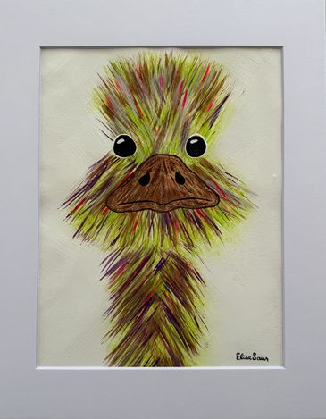 Matted acrylic abstract on paper of green emu on white background.