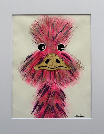 Matted acrylic abstract on paper of pink emu on white background.