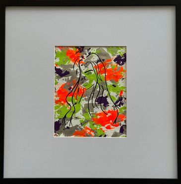 Framed acrylic abstract; partial woman's face on neon orange, green, purple and silver background.