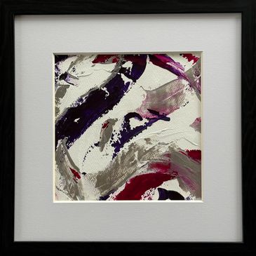 Framed acrylic abstract with wide swishes of purple, magenta, and silver on a white background.