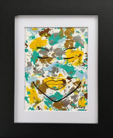 A framed acrylic; partial outline of a woman's face, eyes closed, on yellow, blues, and metallics.